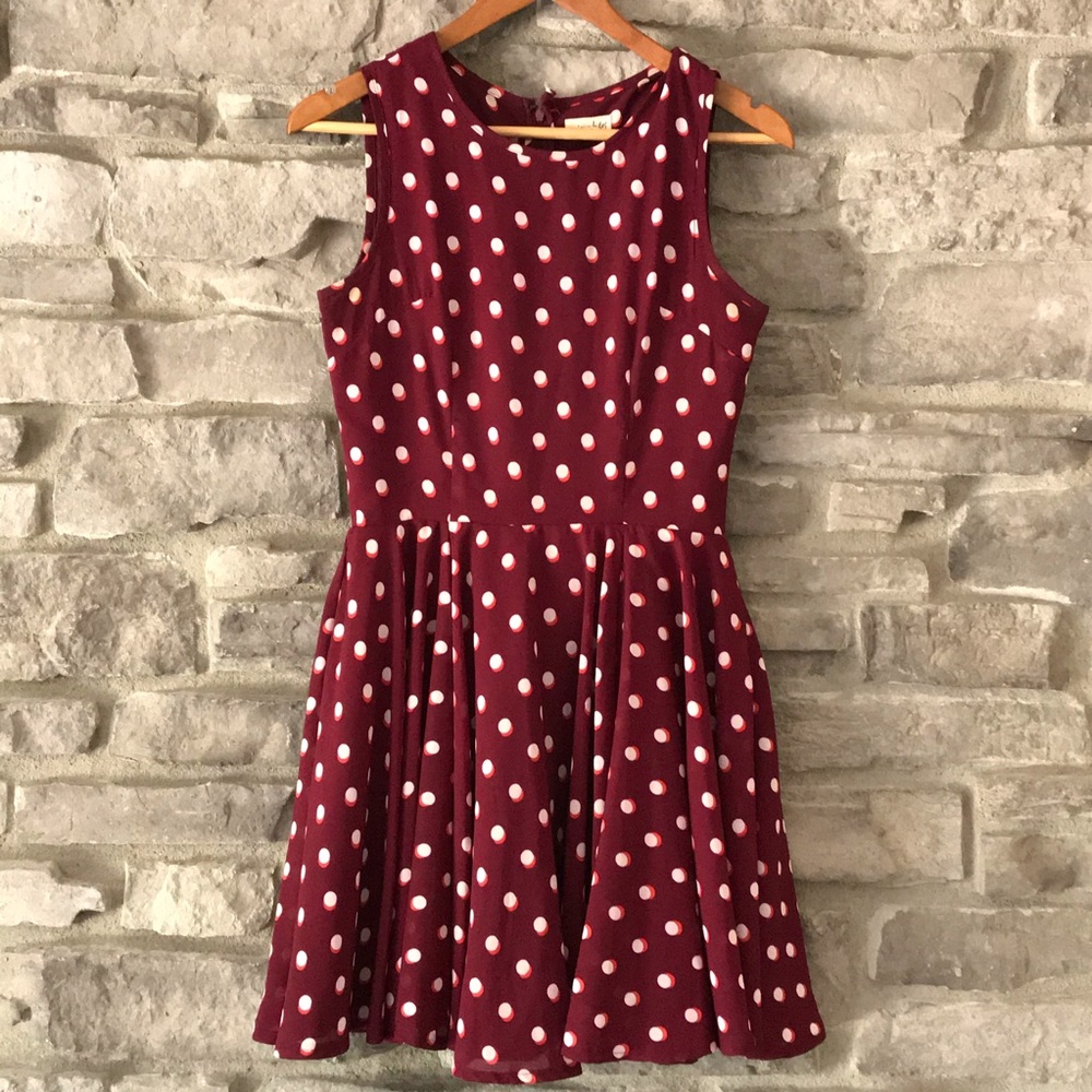 Maison Jules Size S Burgundy/Cream Polka Dot Fit and Flare Dress